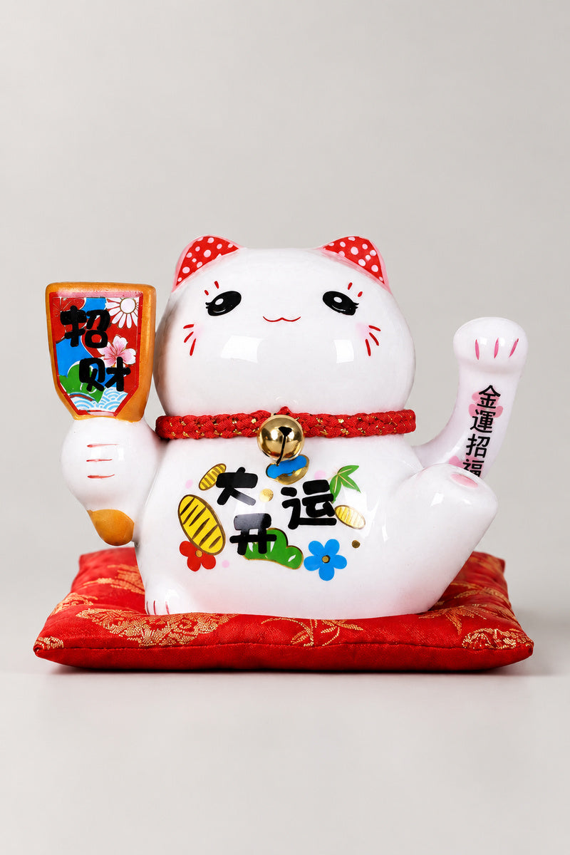 Solar Waving Maneki Neko 'Teoneko' – white solar powered waving lucky cat holding a sign with a wish painted on the body, Japanese maneki neko lucky cat figurine on a red brocade cushion, studio view