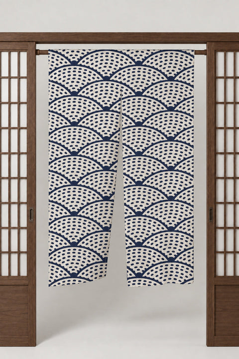 Speckled Seigaiha Noren Curtain 'Tenten' – cream noren with seigaiha wave pattern in navy dots, split Japanese noren door curtain hung on a rod between sliding screens, studio view