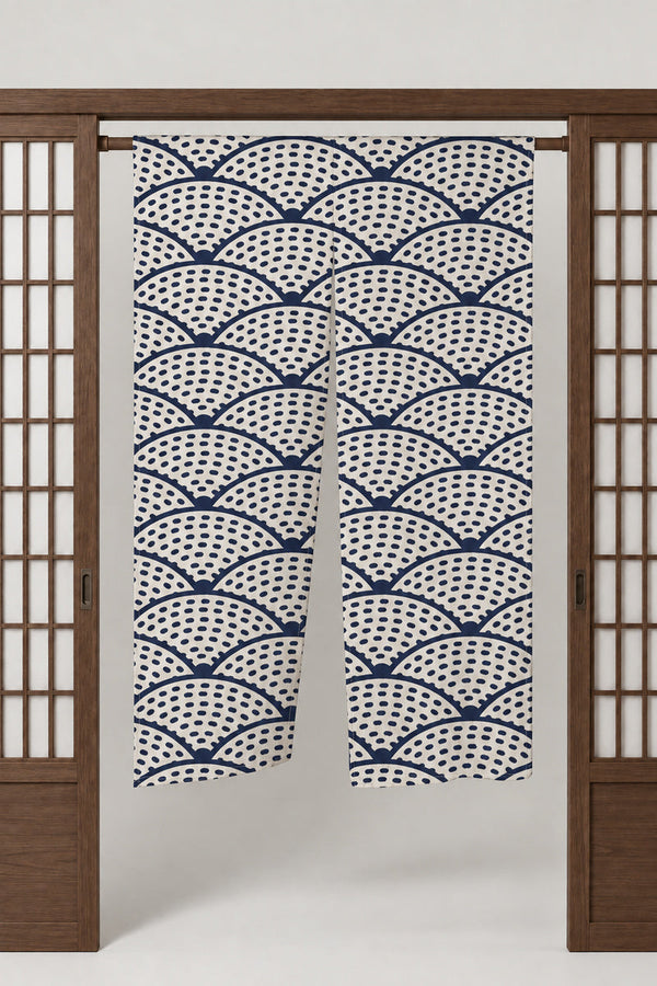 Speckled Seigaiha Noren Curtain 'Tenten' – cream noren with seigaiha wave pattern in navy dots, split Japanese noren door curtain hung on a rod between sliding screens, studio view