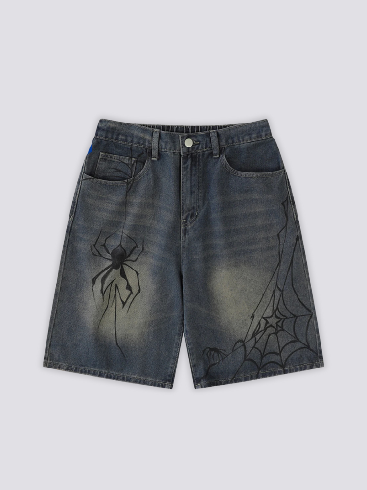 Spider Web Print Denim Shorts 'Kumonosu' – flat lay front view of the dark washed denim shorts