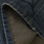 Spider Web Print Denim Shorts 'Kumonosu' – close-up detail of the raw hem and washed denim