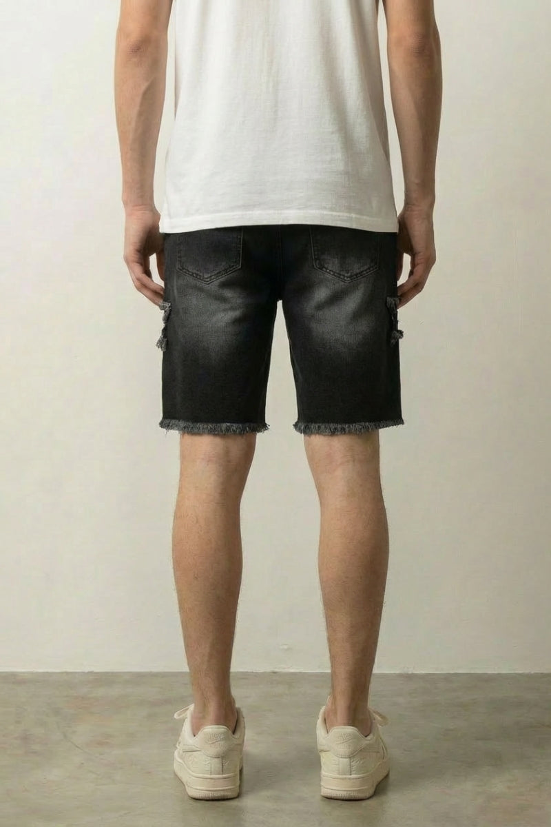Star Print Black Denim Shorts 'Hoshikuzu' – back view on model, studio