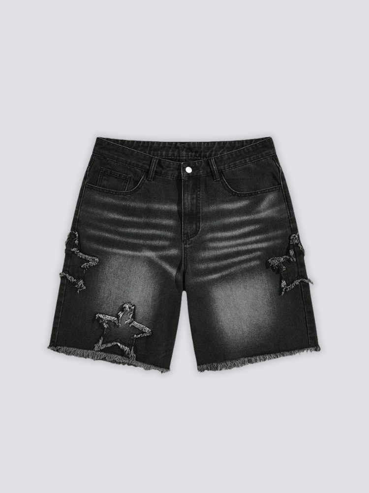 Star Print Black Denim Shorts 'Hoshikuzu' – flat lay front view of the black washed denim shorts