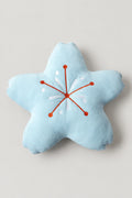Starfish Plush Cushion 'Hitode' – pale blue plush cushion shaped as a five-petal cherry blossom with embroidered stamens, kawaii Japanese sakura cushion, studio view