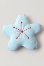 Starfish Plush Cushion 'Hitode' – pale blue plush cushion shaped as a five-petal cherry blossom with embroidered stamens, kawaii Japanese sakura cushion, studio view