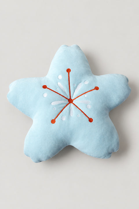 Starfish Plush Cushion 'Hitode' – pale blue plush cushion shaped as a five-petal cherry blossom with embroidered stamens, kawaii Japanese sakura cushion, studio view