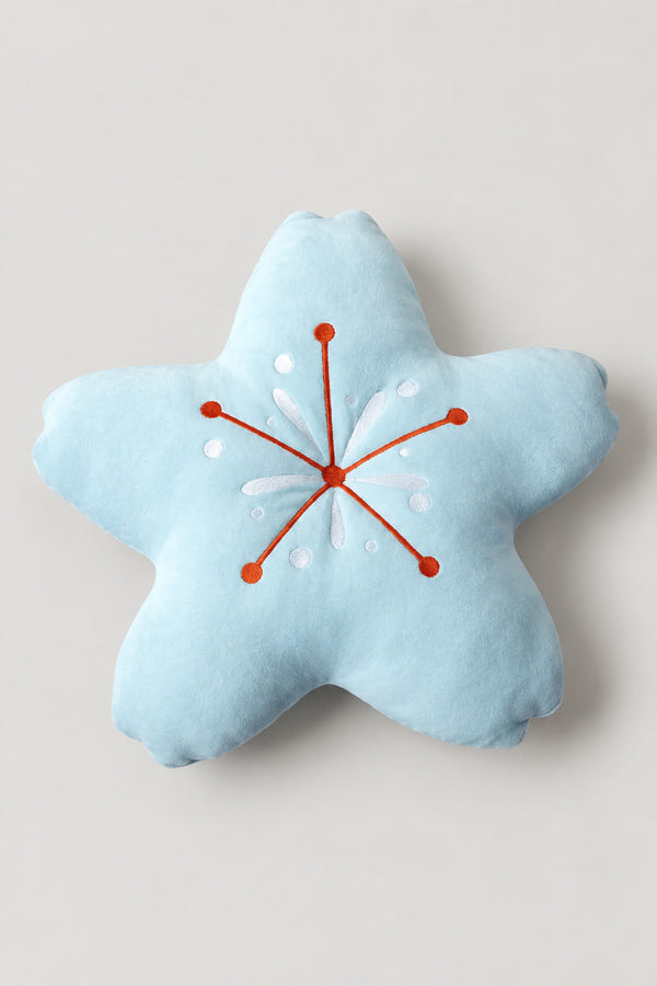 Starfish Plush Cushion 'Hitode' – pale blue plush cushion shaped as a five-petal cherry blossom with embroidered stamens, kawaii Japanese sakura cushion, studio view