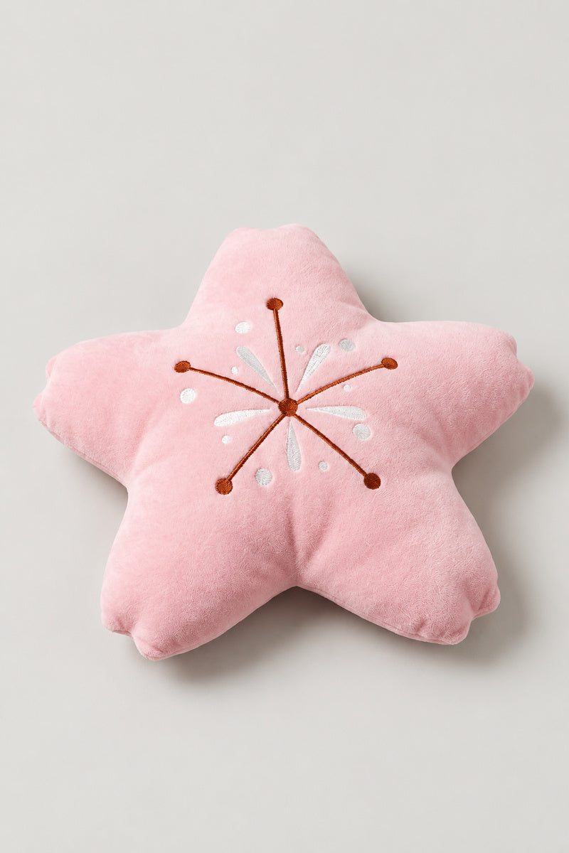 Starfish Plush Cushion 'Hitode' – pink plush cushion shaped as a five-petal cherry blossom with embroidered stamens, kawaii Japanese sakura cushion, studio view