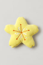Starfish Plush Cushion 'Hitode' – yellow plush cushion shaped as a five-petal cherry blossom with embroidered stamens, kawaii Japanese sakura cushion, studio view