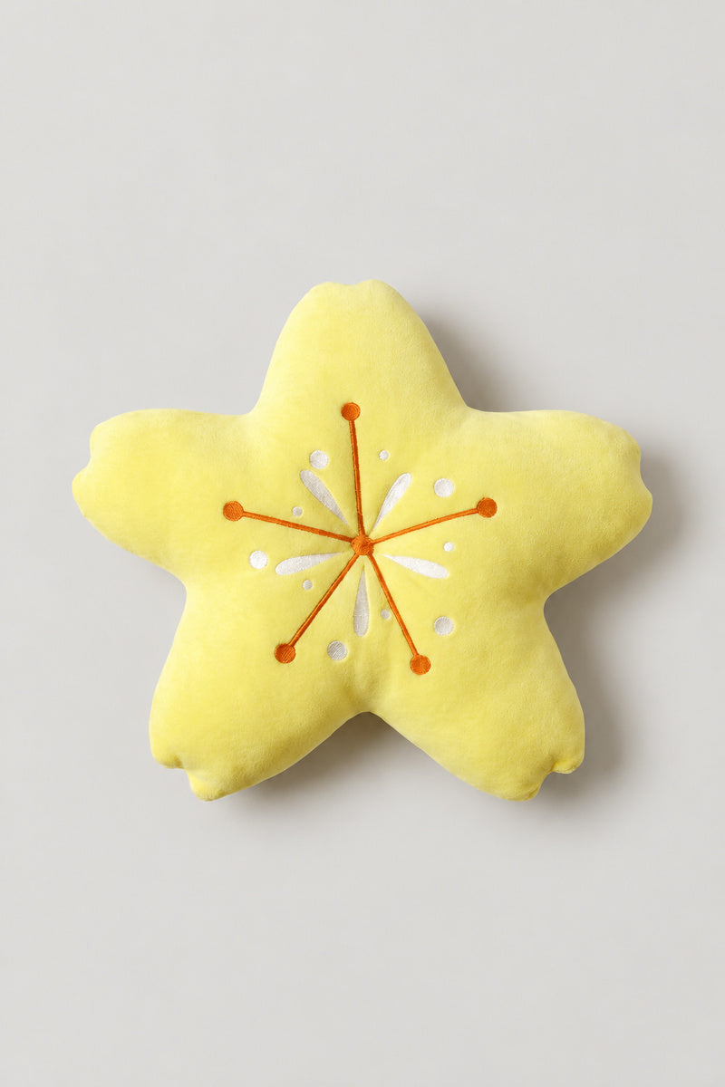 Starfish Plush Cushion 'Hitode' – yellow plush cushion shaped as a five-petal cherry blossom with embroidered stamens, kawaii Japanese sakura cushion, studio view