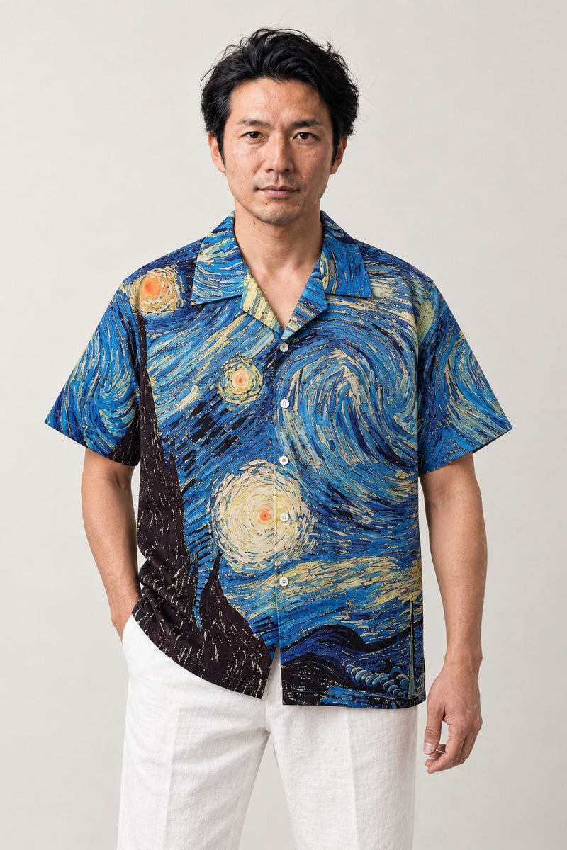 Starry Night Painting Shirt 'Hoshizukiyo' – blue short sleeve shirt with swirling starry night painting print, Japanese streetwear camp collar shirt, front view on model