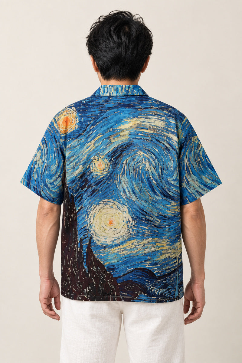 Starry Night Painting Shirt 'Hoshizukiyo' – back view of the starry night painting print shirt