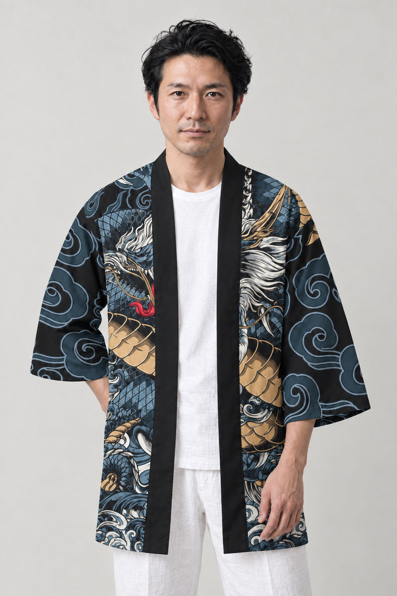 Storm Dragon Happi Jacket 'Raiun' – teal and navy happi jacket with storm dragon and cloud print, Japanese happi coat, unisex festival jacket, front view on model