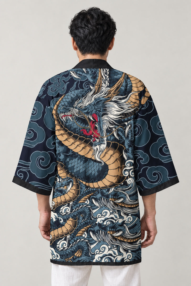Storm Dragon Happi Jacket 'Raiun' – back view of happi jacket showing the full gold dragon in storm clouds print