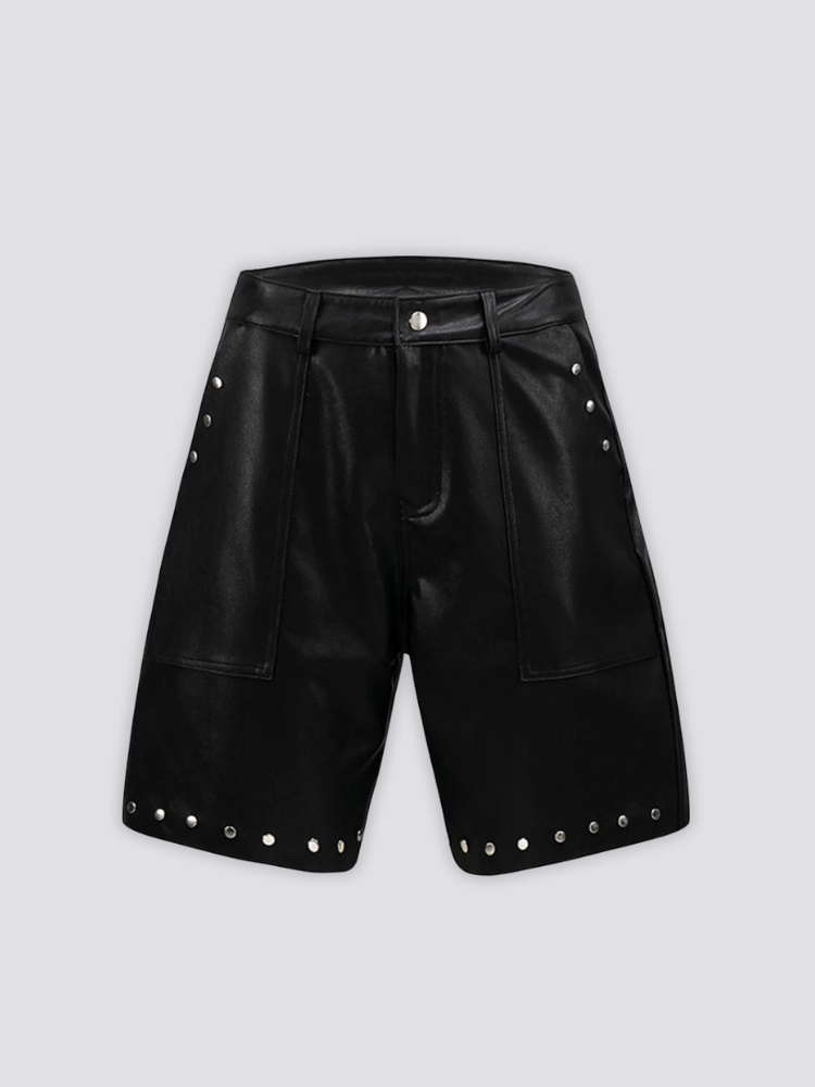 Studded Faux Leather Shorts 'Byo' – flat lay front view of the black studded faux leather shorts