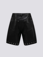 Studded Faux Leather Shorts 'Byo' – flat lay back view of the black studded faux leather shorts