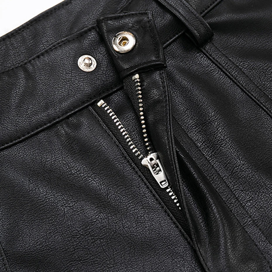 Studded Faux Leather Shorts 'Byo' – close-up detail of the button fly and zip