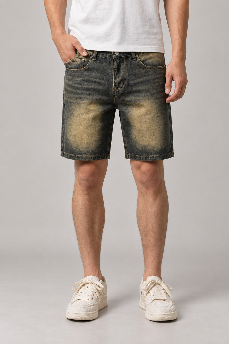 Sun Faded Denim Shorts 'Hizarashi' – sun faded blue denim shorts with sepia wash, Japanese streetwear shorts, front view on model