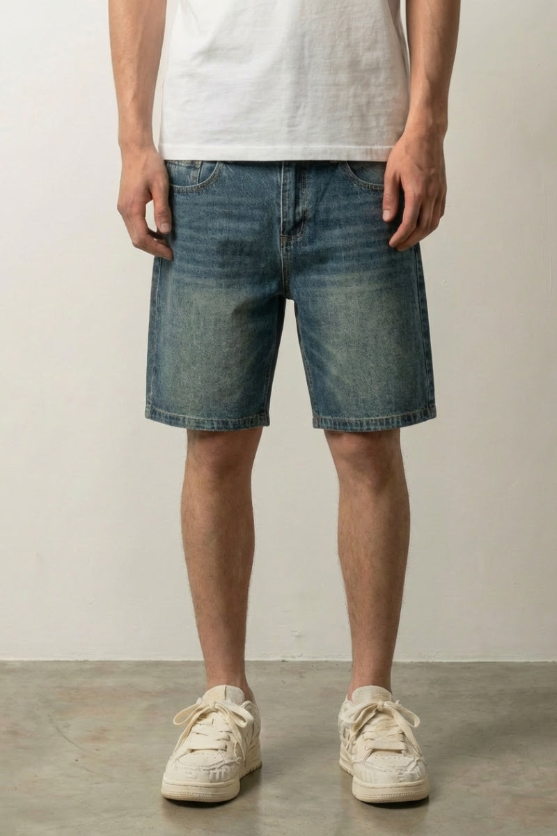Sun Faded Denim Shorts 'Hizarashi' – back view on model, studio