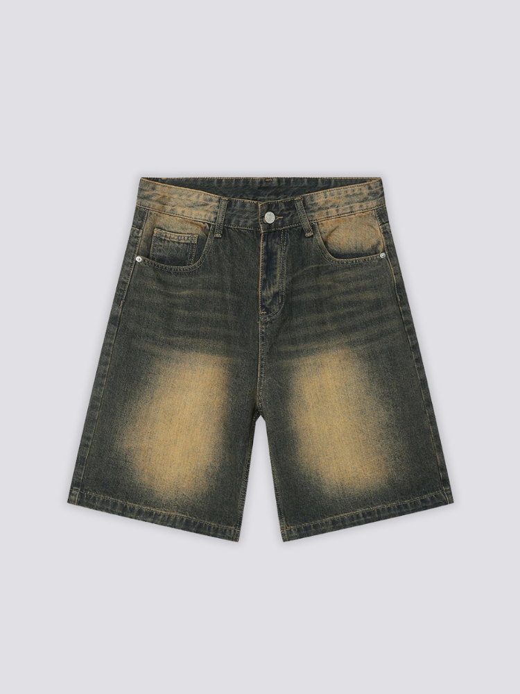 Sun Faded Denim Shorts 'Hizarashi' – flat lay front view of the sun faded blue denim shorts