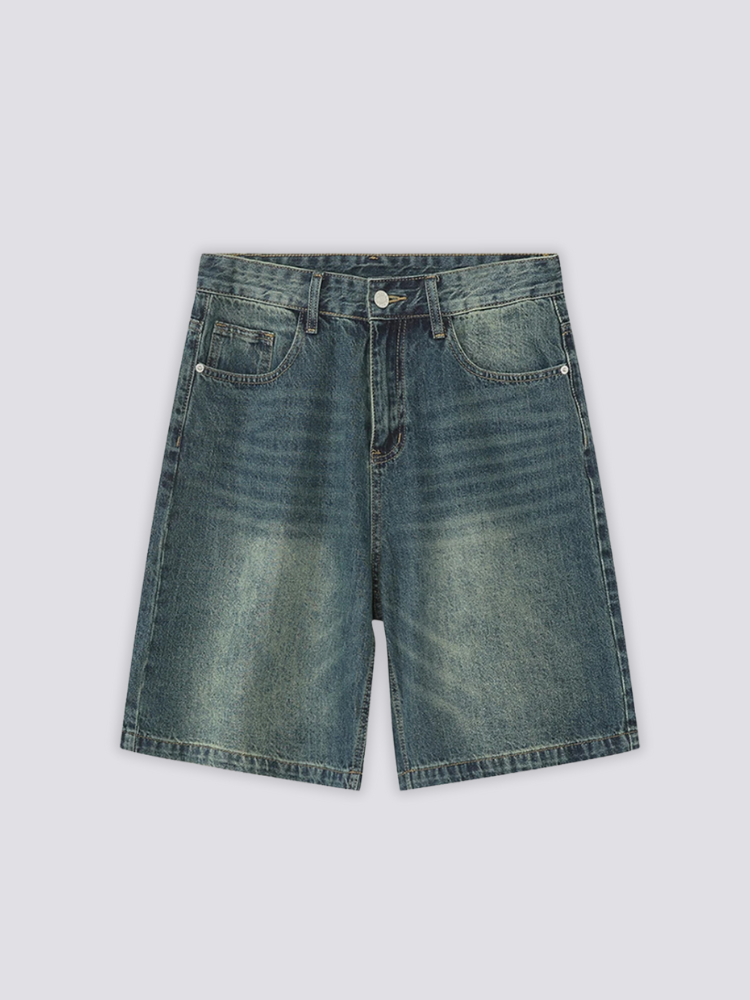 Sun Faded Denim Shorts 'Hizarashi' – flat lay back view of the sun faded blue denim shorts