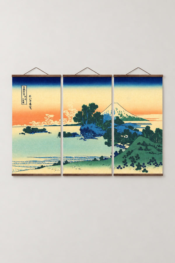 Sunset Coast Fuji Triptych 'Yuhi' – Shichirigahama in Sagami Province, pine coast at sunset with Fuji from Hokusai's Thirty-six Views of Mount Fuji, three-panel triptych on wooden hanging rails, Japanese wall art, studio view