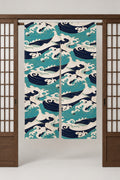 Teal Wave Noren Door Curtain 'Hisui-nami' – teal noren with cresting waves in navy and white, split Japanese noren door curtain hung on a rod between sliding screens, studio view