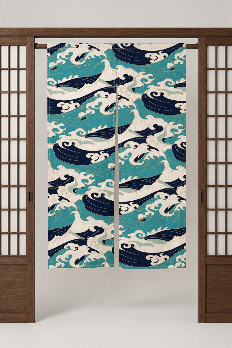 Teal Wave Noren Door Curtain 'Hisui-nami' – teal noren with cresting waves in navy and white, split Japanese noren door curtain hung on a rod between sliding screens, studio view