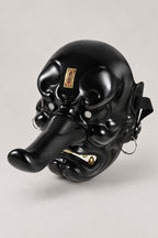 Tengu Mask 'Karasu' – all black version of the tengu mask with long nose and gold swirls, studio view