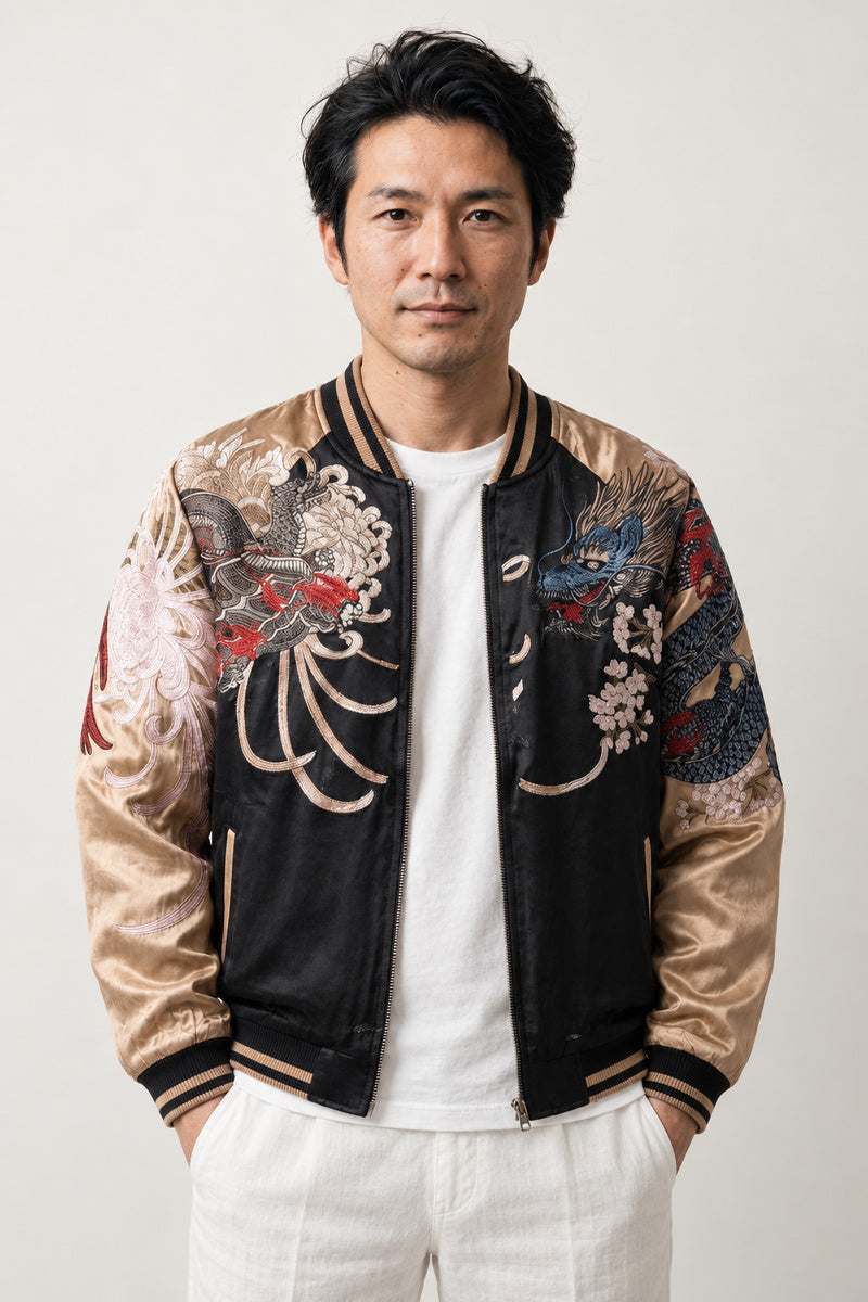 Tiger and Dragon Sukajan 'Ryuko' – black and gold sukajan with embroidered tiger and dragon, Japanese sukajan souvenir bomber jacket, front view on model