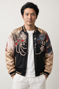 Tiger and Dragon Sukajan 'Ryuko' – black and gold sukajan with embroidered tiger and dragon, Japanese sukajan souvenir bomber jacket, front view on model