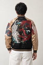 Tiger and Dragon Sukajan 'Ryuko' – back view of the black and gold version, embroidered tiger fighting a dragon on the back