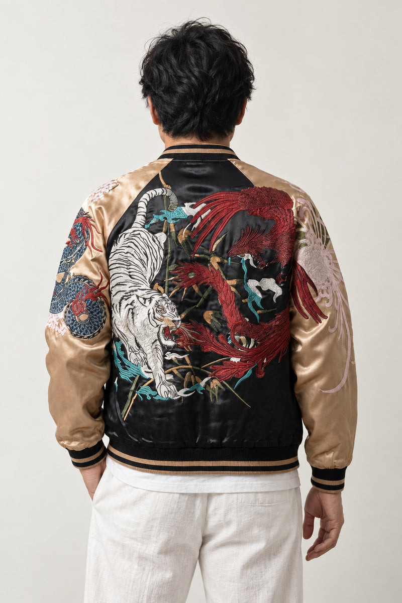 Tiger and Dragon Sukajan 'Ryuko' – back view of the black and gold version, embroidered tiger fighting a dragon on the back