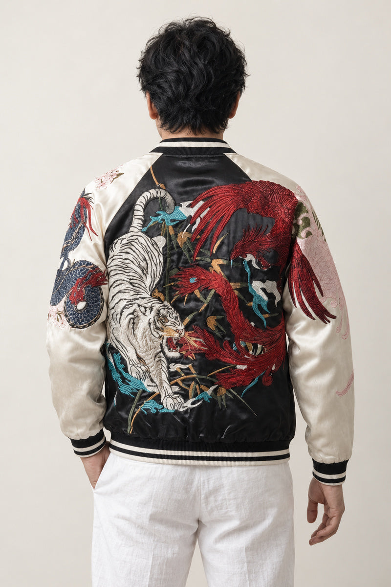 Tiger and Dragon Sukajan 'Ryuko' – back view of the black and cream version, embroidered tiger and dragon on the back