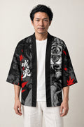 Tiger Back Print Haori 'Koyo' – black haori jacket with grey tiger, red maple leaves and kanji print, unisex Japanese kimono style cardigan, front view on model