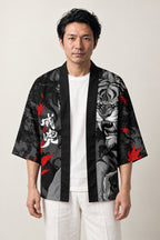 Tiger Back Print Haori 'Koyo' – black haori jacket with grey tiger, red maple leaves and kanji print, unisex Japanese kimono style cardigan, front view on model