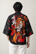 Tiger Back Print Haori 'Koyo' – back view of black haori showing the large orange tiger and autumn maple print