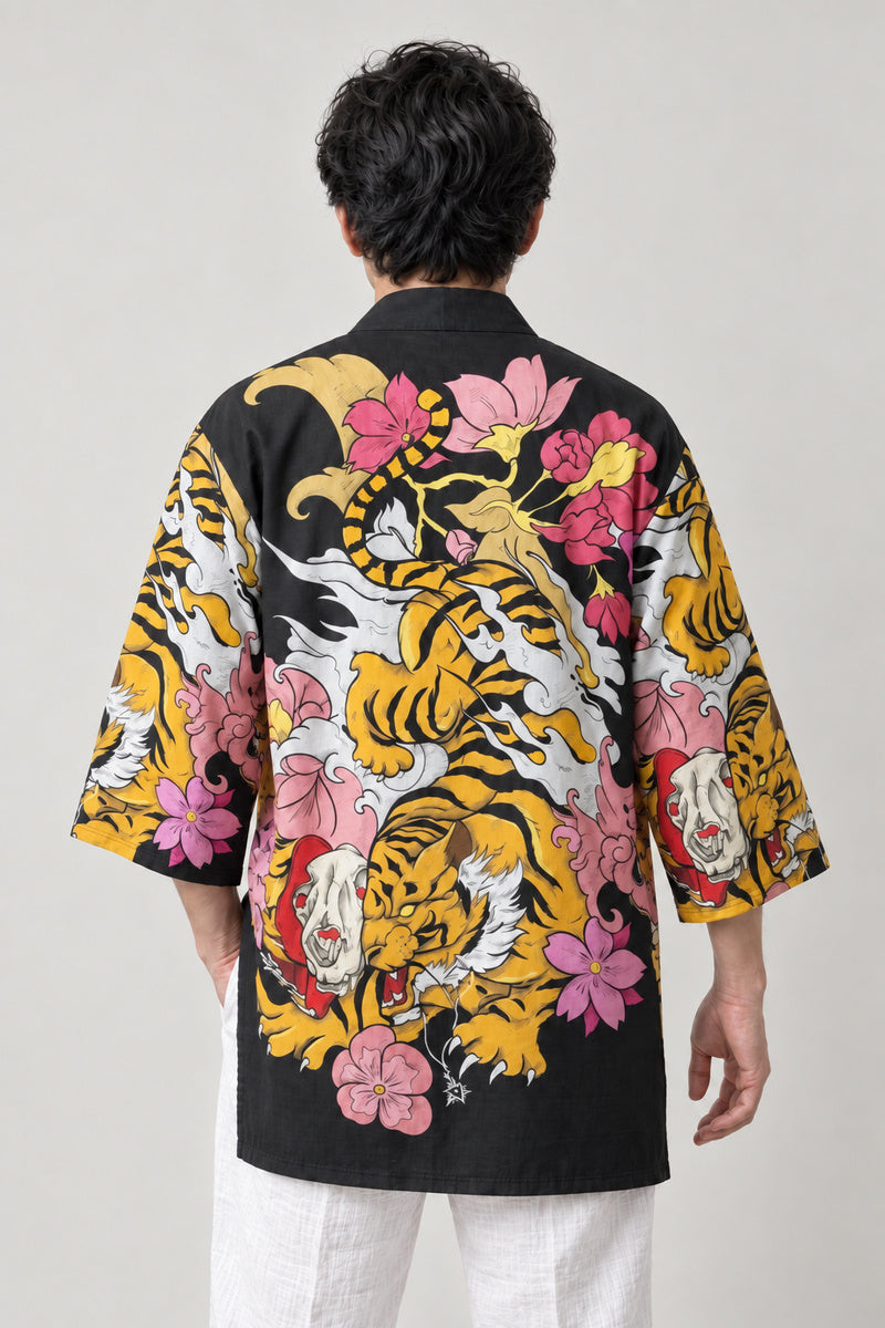 Tiger Blossom Festival Jacket 'Harutora' – back view of black happi jacket showing two tigers among peonies and cherry blossom