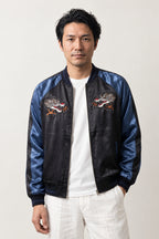 Tokyo Dragon Sukajan 'Tatsumi' – black and blue sukajan with embroidered dragon, Japanese sukajan souvenir bomber jacket, front view on model