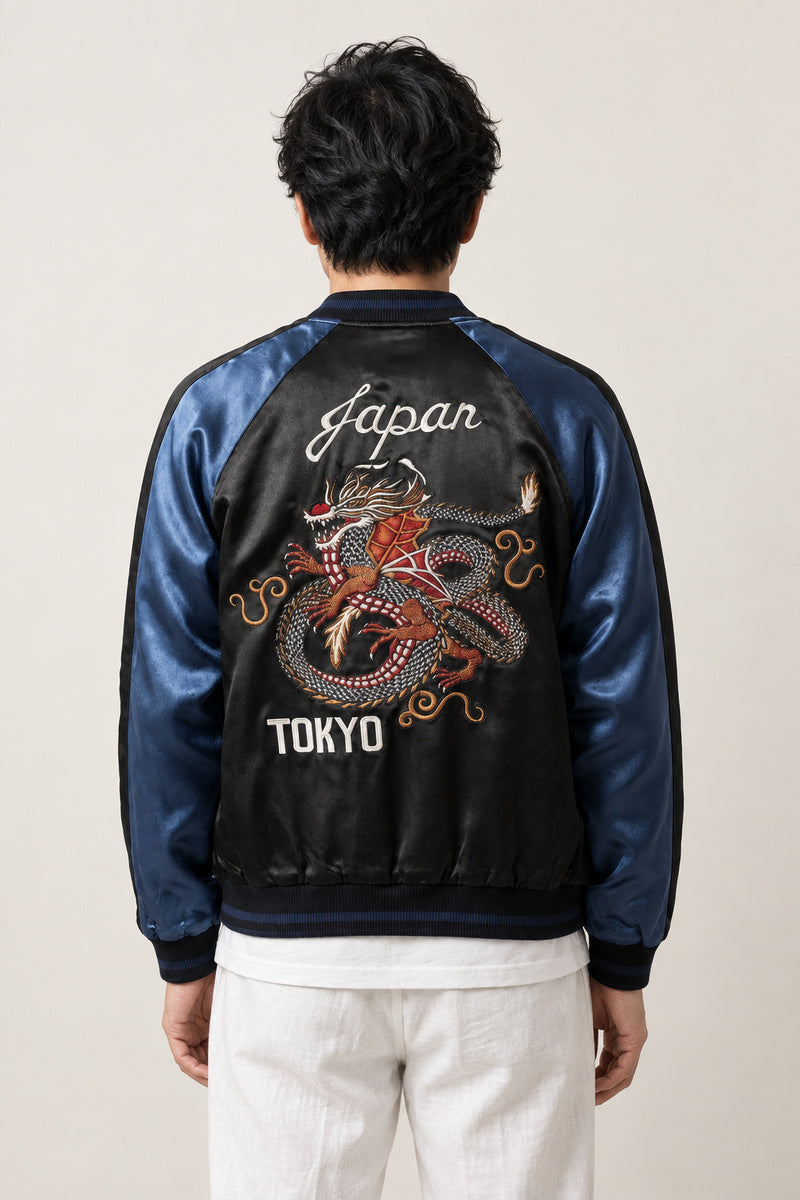 Tokyo Dragon Sukajan 'Tatsumi' – back view of the black and blue version, embroidered dragon with Japan and Tokyo lettering on the back