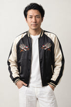 Tokyo Dragon Sukajan 'Tatsumi' – black and cream version, sukajan with embroidered dragon, front view on model
