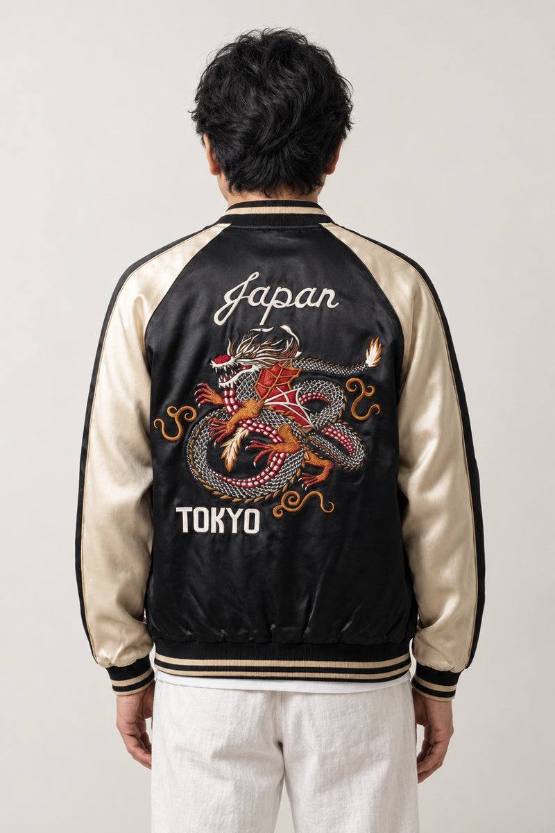 Tokyo Dragon Sukajan 'Tatsumi' – back view of the black and cream version, embroidered dragon with Tokyo lettering on the back