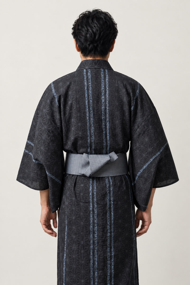 Traditional Men's Yukata 'Asanoha' – back view of black striped traditional men's yukata with obi