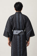 Traditional Men's Yukata 'Asanoha' – back view of black striped traditional men's yukata with obi