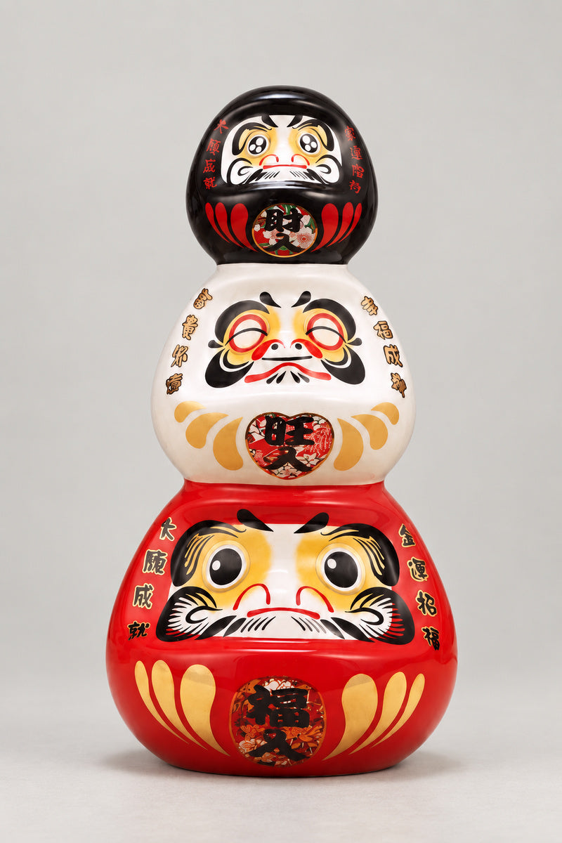 Triple Fortune Daruma Money Box 'Sanpuku' – ceramic money box of three stacked daruma dolls in red, white and black with fortune kanji, Japanese lucky coin bank, studio view