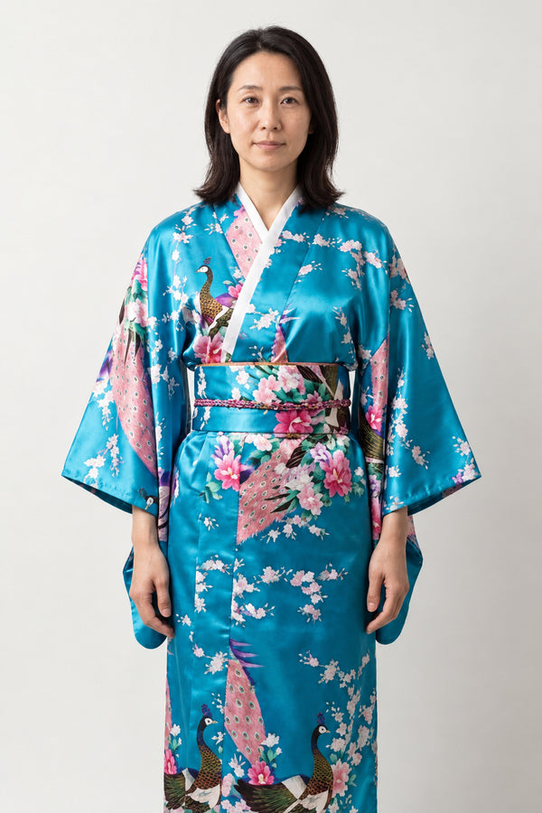 Turquoise Peacock Kimono Gown 'Kawasemi' – turquoise blue women's kimono gown with peacock and floral print and obi sash, long Japanese satin-look kimono robe, front view on model