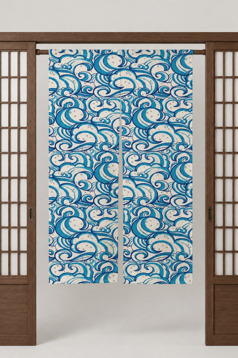 Turquoise Swirl Wave Noren 'Uzunami' – turquoise noren with swirling waves in white line and dark blue, split Japanese noren door curtain hung on a rod between sliding screens, studio view