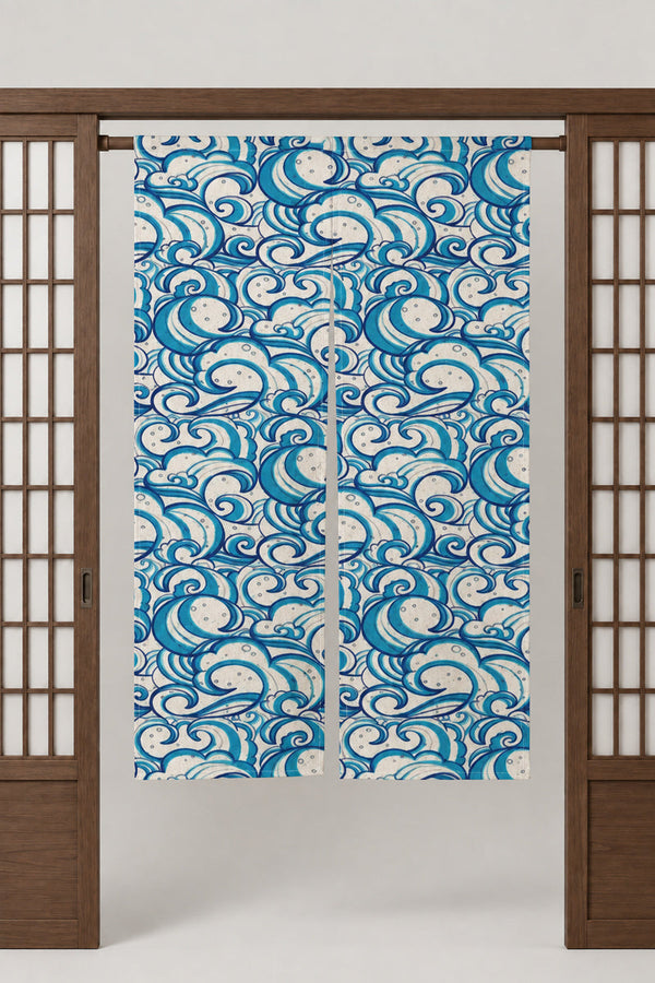 Turquoise Swirl Wave Noren 'Uzunami' – turquoise noren with swirling waves in white line and dark blue, split Japanese noren door curtain hung on a rod between sliding screens, studio view