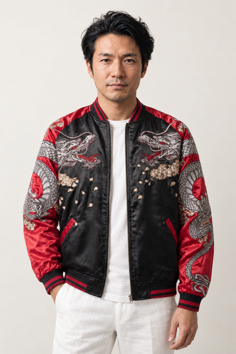 Twin Dragon Peony Sukajan 'Ryubotan' – black and red sukajan with embroidered twin dragons and peonies, Japanese sukajan souvenir bomber jacket, front view on model
