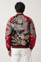 Twin Dragon Peony Sukajan 'Ryubotan' – back view of black and red sukajan showing two embroidered dragons and peony flowers